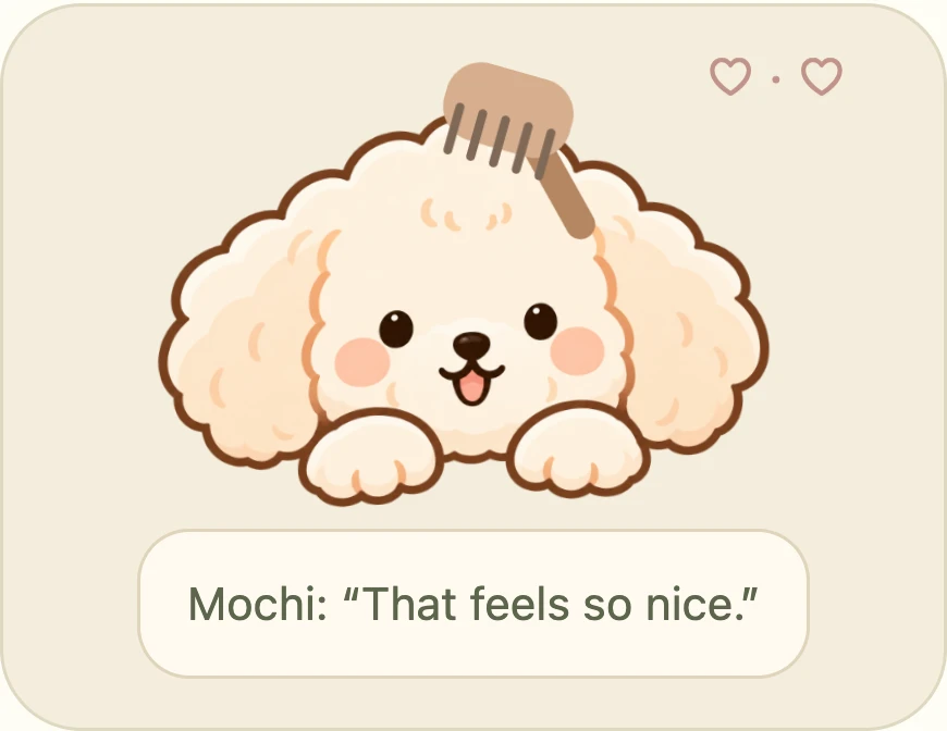 Actual Quiet Paws care reaction showing a brush moving across Mochi’s head