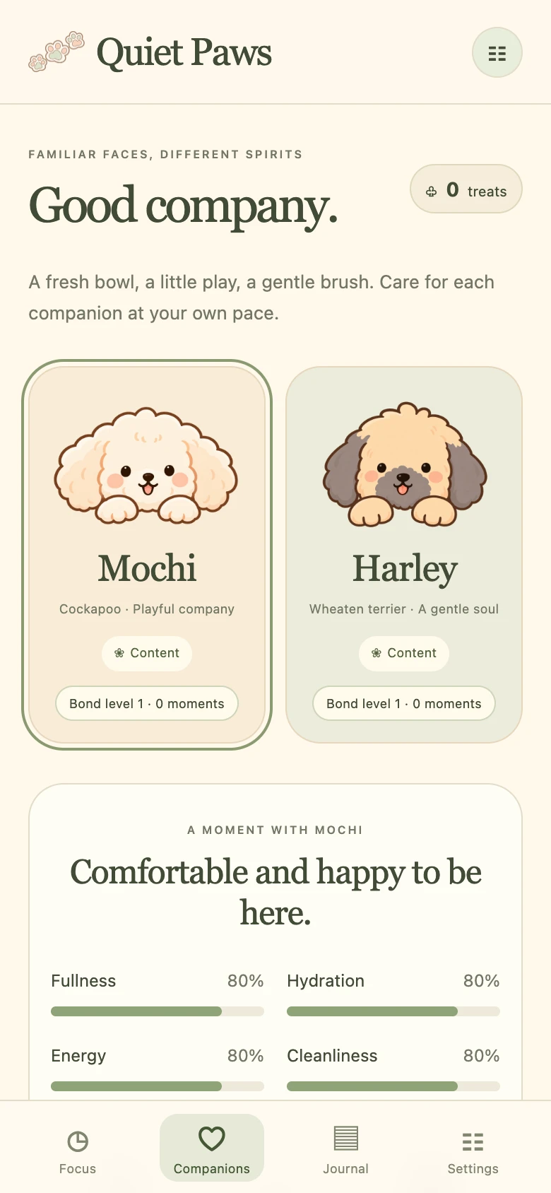 Actual Quiet Paws Companions screen showing Mochi, Harley and Mochi’s independent fullness, hydration, energy and cleanliness meters