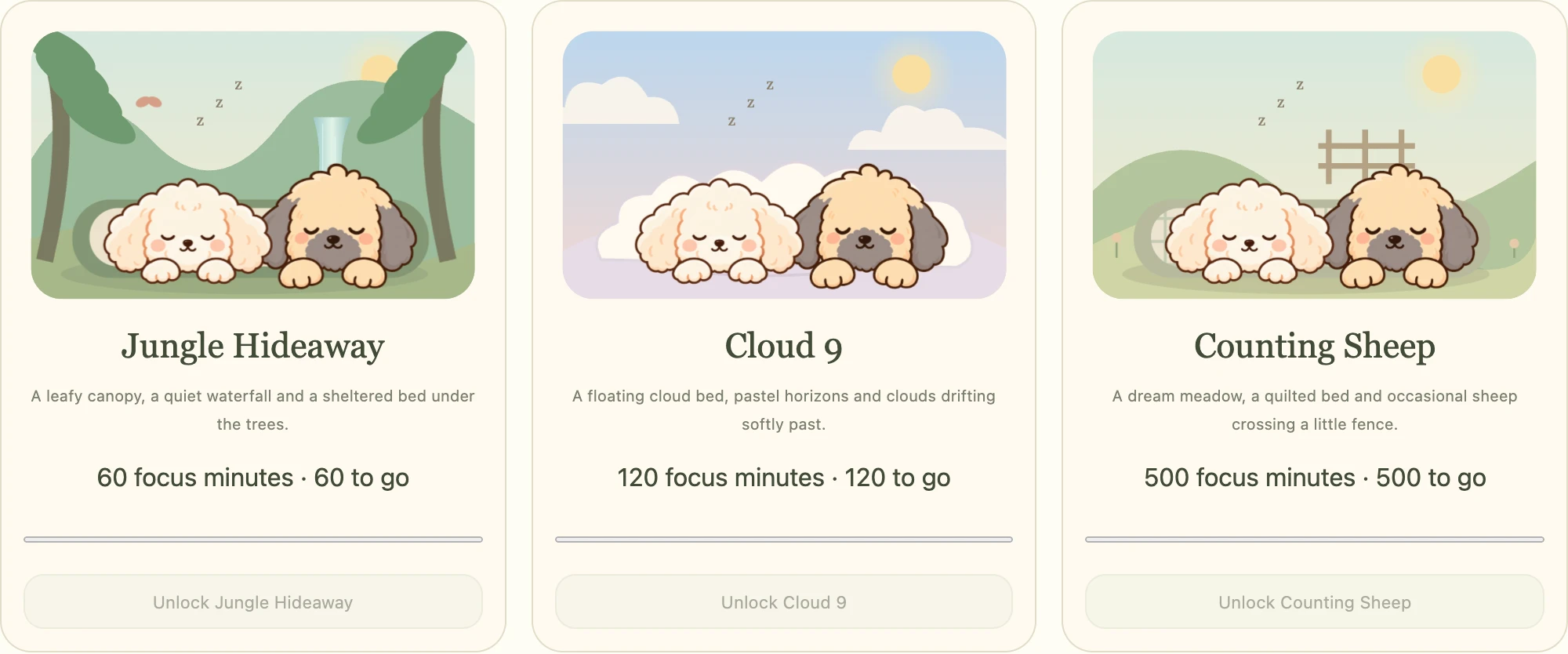 Actual Quiet Paws earned-world previews: Jungle Hideaway, Cloud 9 and Counting Sheep, unlocked at 60, 120 and 500 cumulative focus minutes