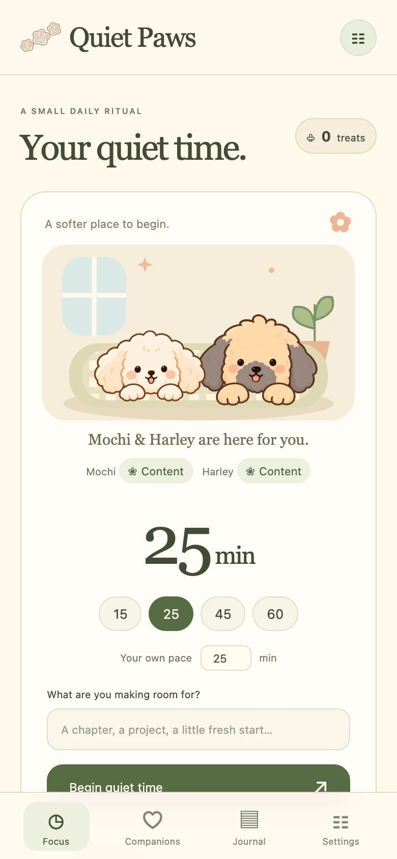Current Quiet Paws mobile layout with Mochi and Harley, a 25-minute timer and Begin quiet time