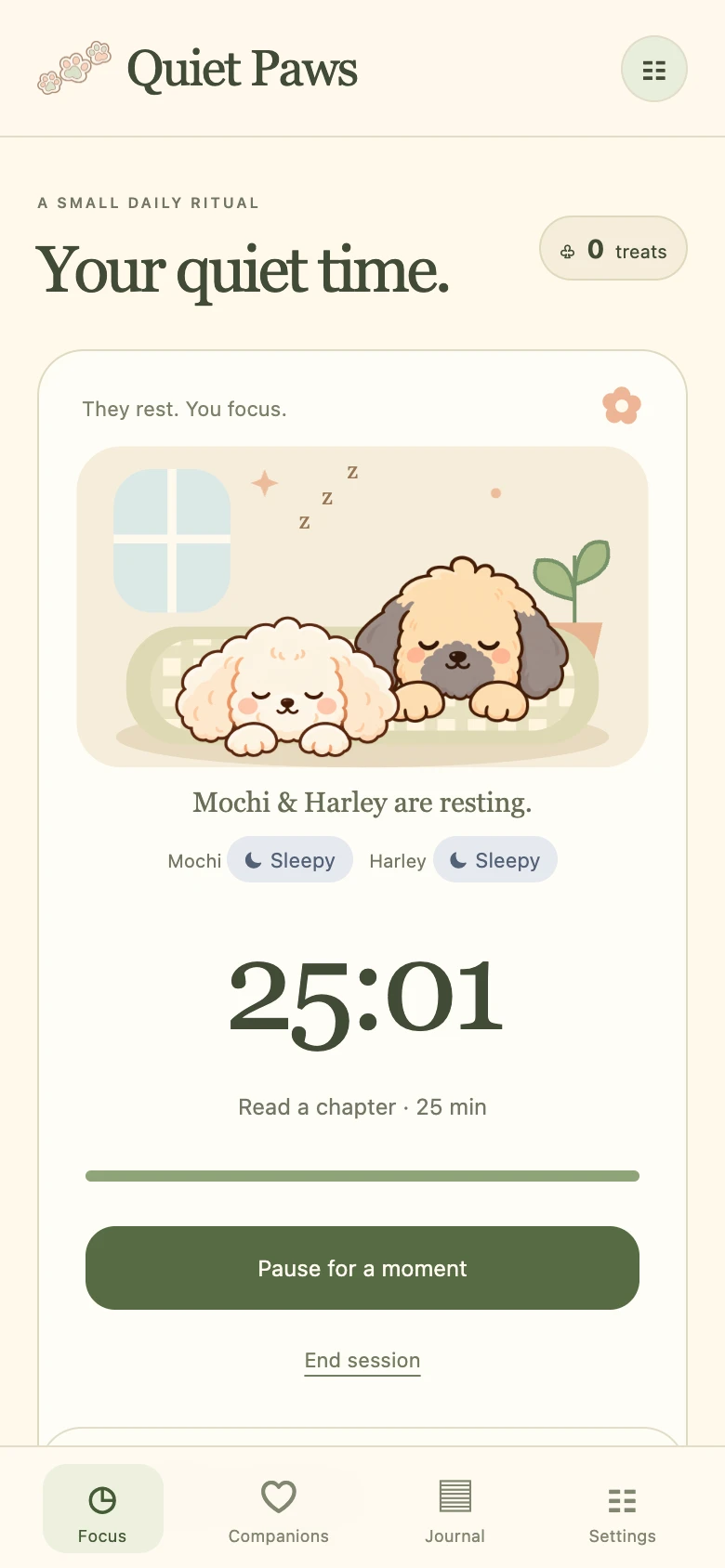 Actual Quiet Paws running focus timer with sleeping Mochi and Harley and pause controls